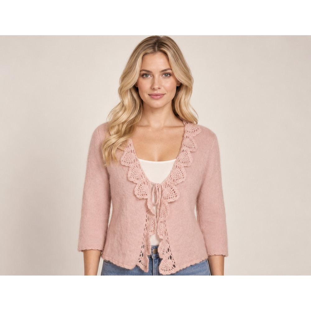 Reference Point Angora Lambswool Cardigan Blush Pink Crochet Trim Tie Front Twee